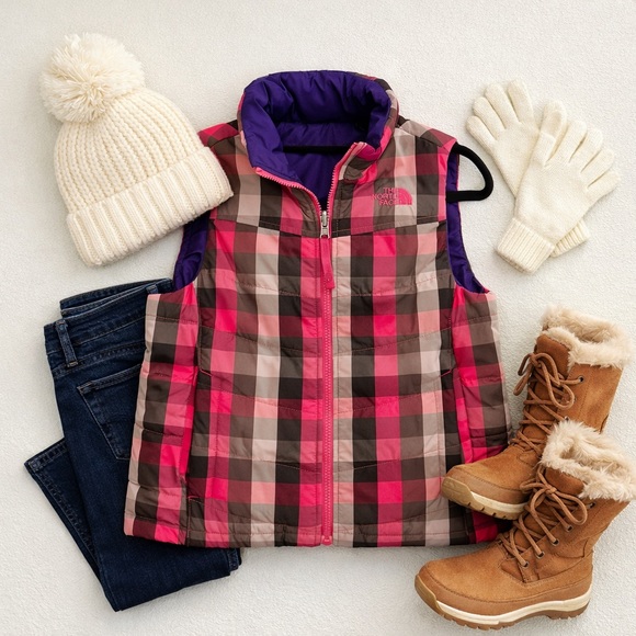 The North Face Other - The North Face Girls Plaid Puffer Vest Pink Purple Size 7/8